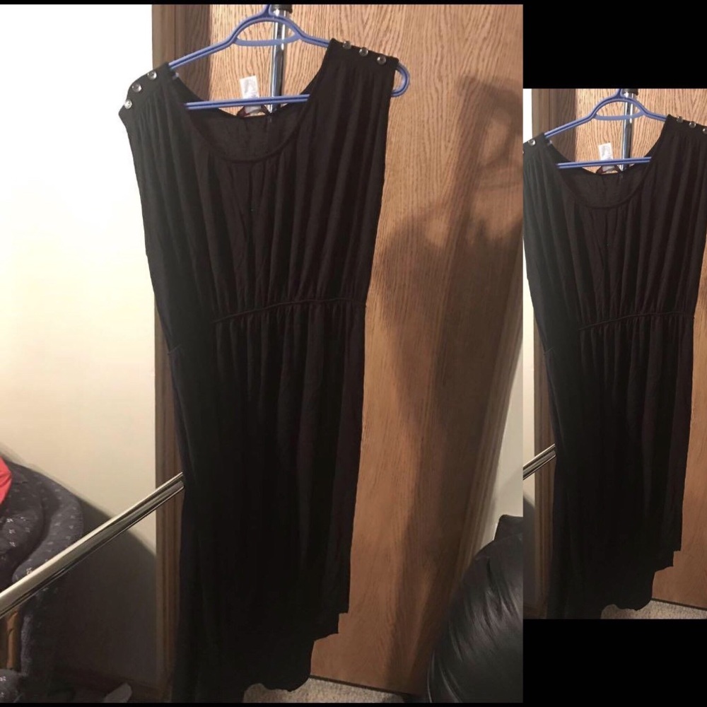 Black hi-low dress with buttons on the shoulders